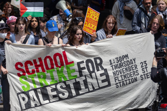 Students march in the School Strike for Palestine in Melbourne on November 23.