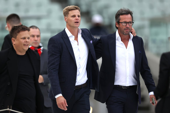 Former AFL player Nick Riewoldt, who will join Seven’s AFL coverage next season, with sports commentator Hamish McLachlan.