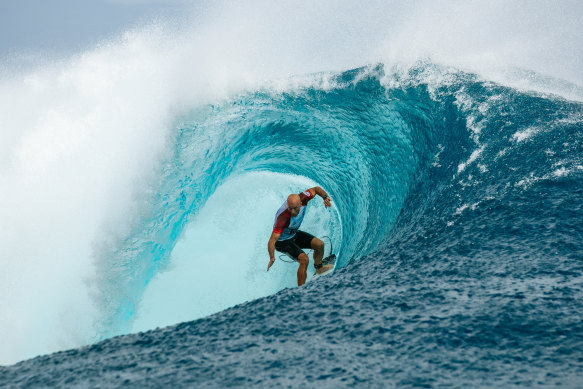 Australia’s Nathan Hedge comes out of a barrel ride at Teahupo’o.