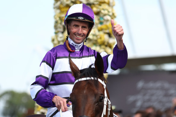 Nash Rawiller celebrates Riff Rocket’s win in the Rosehill Guineas.