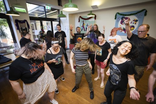 A good time all round: Members of the Heavy Choir Project take a break from singing to dance to Anthrax. 