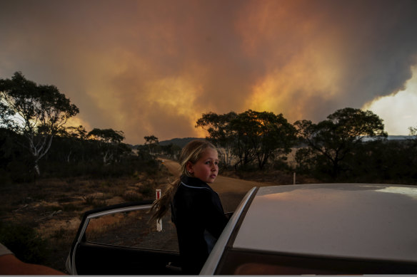 A child from Braidwood watches the North Black Range bushfire in November last year.