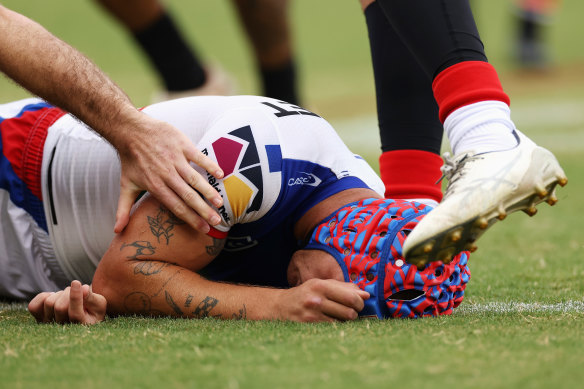 Kalyn Ponga suffered another heavy head knock  after colliding with Asu Kepaoa of the Tigers during the round two NRL match between Wests Tigers and Newcastle Knights.