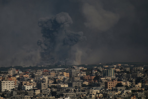 Smoke rises from the Israeli raids on Gaza City, Gaza. 