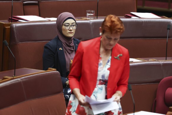 A furious Payman while Hanson speaks about Payman’s eligibility to be in parliament.