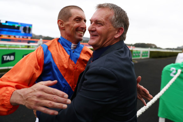 Trainer Kerry Parker and Nash Rawiller celebrate Think It Over’s win in the Verry Elleegant Stakes last month.