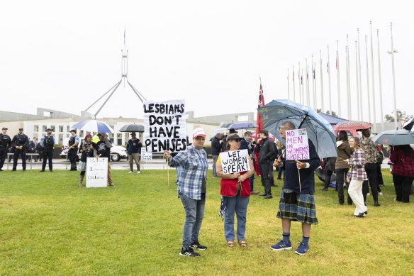 The “Let Women Speak” anti-trans rally in Canberra in March.