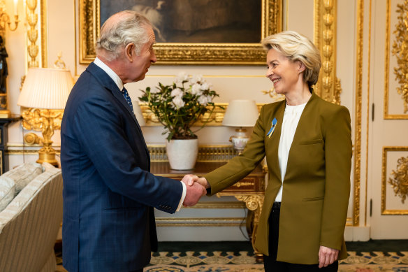 King Charles III greets European Commission president Ursula von der Leyen at Windsor Castle.