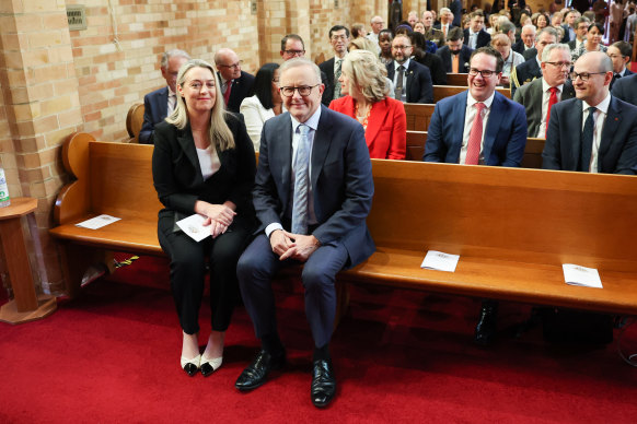 Prime Minister Anthony Albanese attending the church service with his partner Jodie Haydon. 