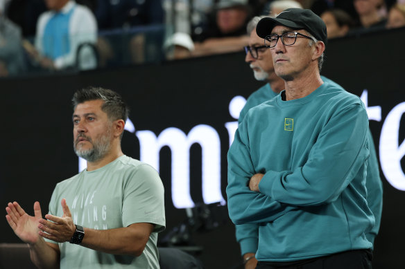 Darren Cahill (R), coach of Jannik Sinner of Italy.