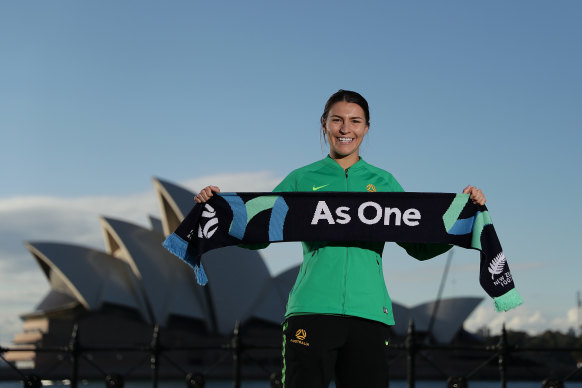 Matildas star Steph Catley celebrates the awarding of the 2023 Women’s World Cup hosting rights to Australia and New Zealand. The tournament will be broadcast in Australia on Optus Sport.
