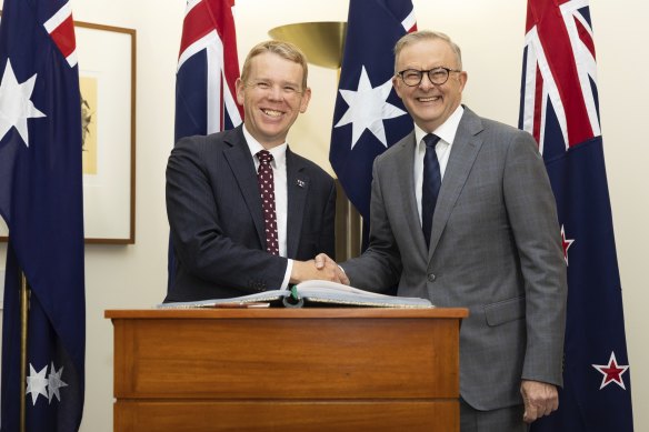 Prime Minister of New Zealand Chris Hipkins meets Prime Minister Anthony Albanese at Parliament House in Canberra. 