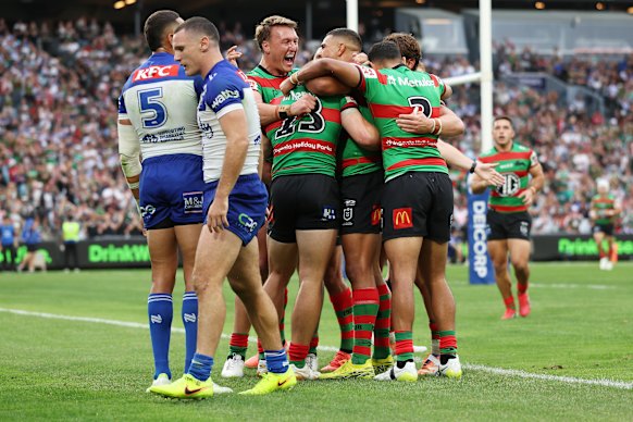 The Rabbitohs celebrate a try on Friday.