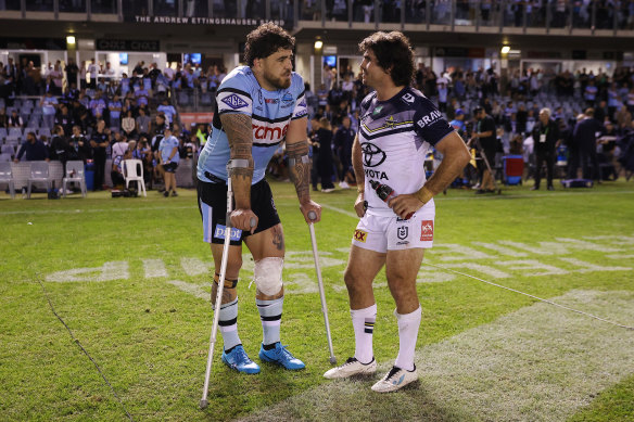 Braden Hamlin-Uele was on crutches after Cronulla’s big win.