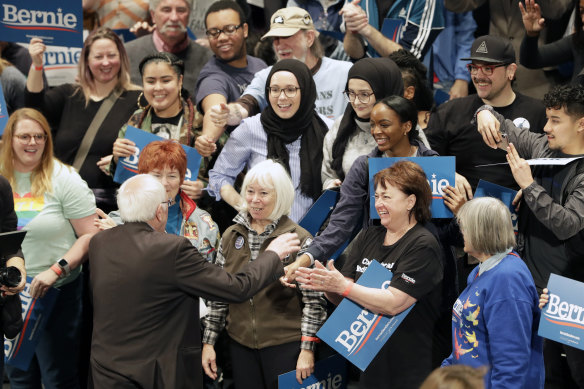 Sanders speaks to his supporters during a rally in St Louis.