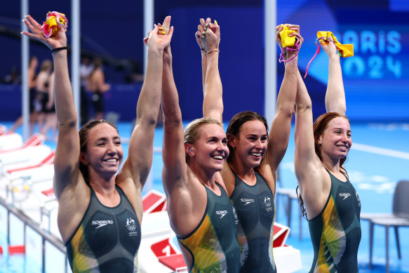 Ariarne Titmus leads the celebration after victory was completed.