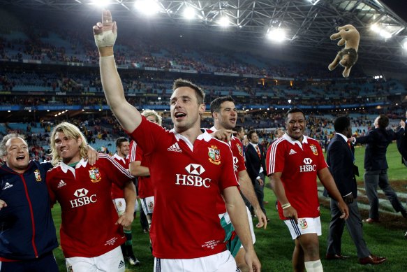 Lions players celebrating their 2013 series win over the Wallabies.