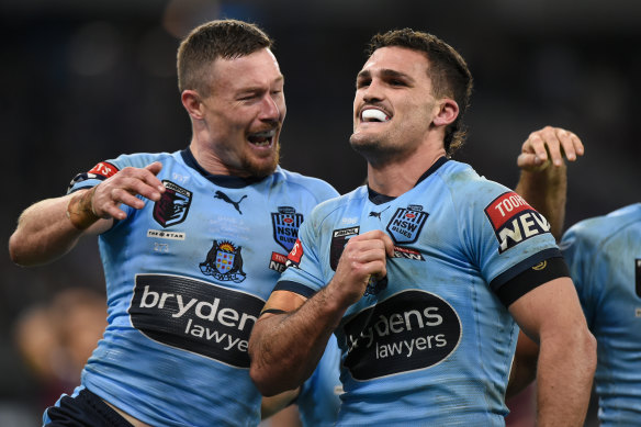 Nathan Cleary celebrates a second-half try as NSW streak away.