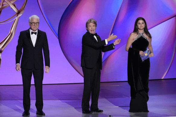 Only Murders in the Building stars Steve Martin, Martin Short, and Selena Gomez on stage.