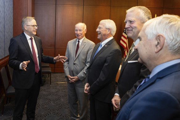 Prime Minister Anthony Albanese meets with Congressman Joe Courtney (grey suit) and (from left) senators Roger Wicker, Dan Sullivan and Jack Reed during his state visit last year.