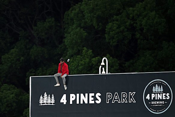 A spectator sitting on the roof of the bar on the hill at Brookvale Oval. 