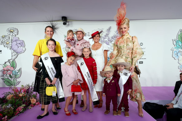 Capenteri Family (Michael, Rhianna and Leila, Elena and Nate) 1st place, Tamou Family (Brittney, Bronx and Boston) 2nd place and Donovan Family (Joanne and Anastasia) 3rd place in the Family Runway at The Park during 2019 Stakes Day at Flemington Racecourse on November 09, 2019 in Melbourne, Australia