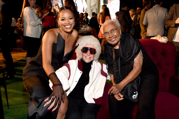 Actor Chante Adams with 95-year-old Maybelle Blair, who was a consultant on the show, and softball icon Billie Harris at the red carpet screening of A League of Their Own. 