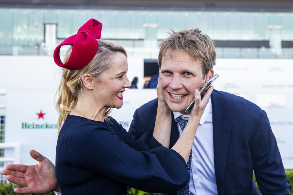 Andrea and Bjorn Baker celebrate Samadoubt’s win in the Winx Stakes.