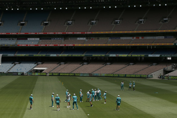 Australian players train at the MCG. The bubble has been looser for the team in Melbourne, but will tighten in Sydney and Brisbane.
