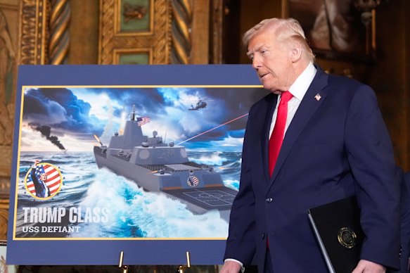 US President Donald Trump at his Mar-a-Lago residence announcing a new class of American warship.