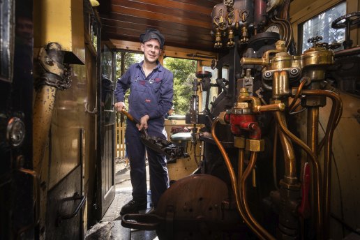 In his element: Volunteer Will Smith on the first day of his 2023 Puffing Billy furnace shift on Monday.