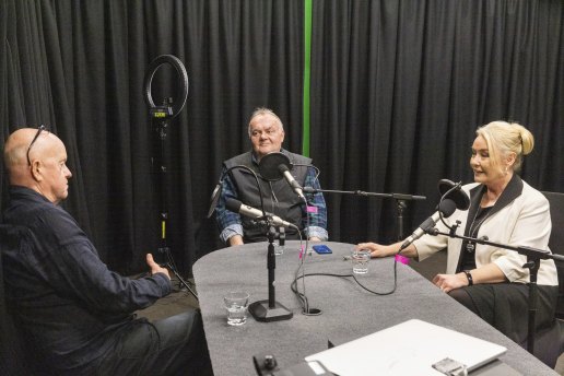 John Silvester with Carmel Arthur and Peter Silk for the Naked City podcast.