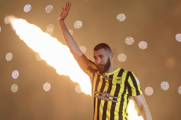 Karim Benzema greets Saudi fans in Jeddah, Saudi Arabia.