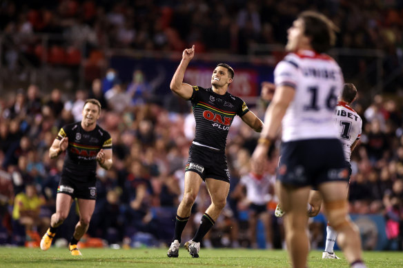 Nathan Cleary celebrates the late field goal which all but guaranteed his Panthers a preliminary final spot.