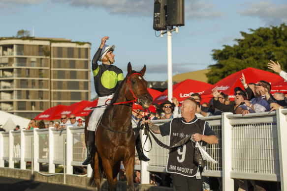 Sam Clipperton lobs his goggles to the Eagle Farm crowd after Think About It’s Stradbroke romp.