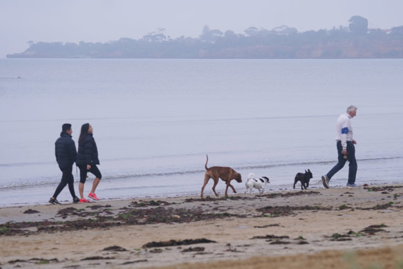 Walkers at Mentone Beach in Melbourne. 
