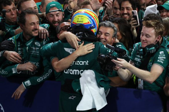Spain’s Aston Martin driver Fernando Alonso was in high spirits before later being given a penalty that resulted in him being demoted to fourth place.
