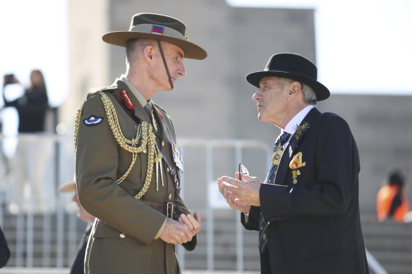 Angus Campbell and Kerry Stokes in discussion ahead of the Anzac Day national service at the Australian War Memorial in 2021.