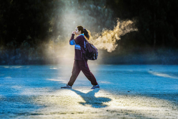 A grade 6 student walks through low fog as she  heads back to school after nearly three months of home learning.