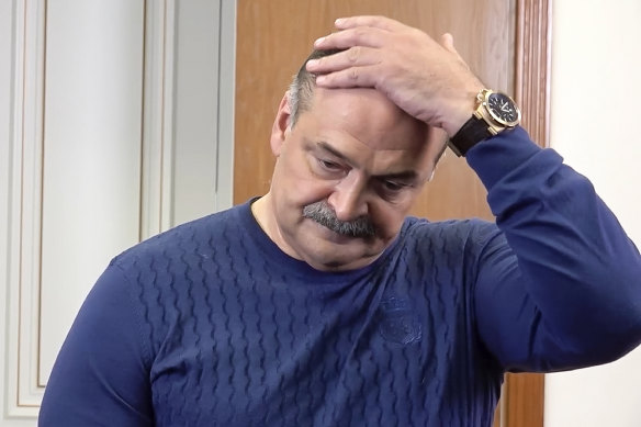 Dagestan’s governor Sergei Melikov gestures while speaking to the media in Makhachkala, Russia. 