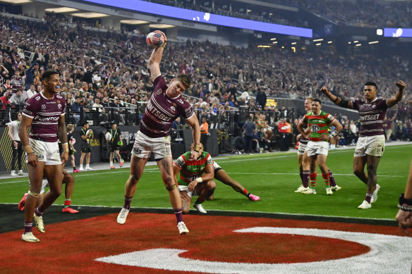 Reuben Garrick celebrates after scoring in Las Vegas inside the enclosed Allegiant Stadium.