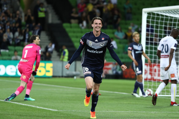 Josh Hope celebrates after scoring a goal against the Central Coast Mariners in November 2018.