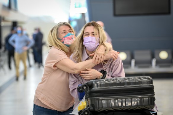 Kirsty Rae embraces her daughter 
Keely Briggs, who arrived home from South Korea on Monday morning. 