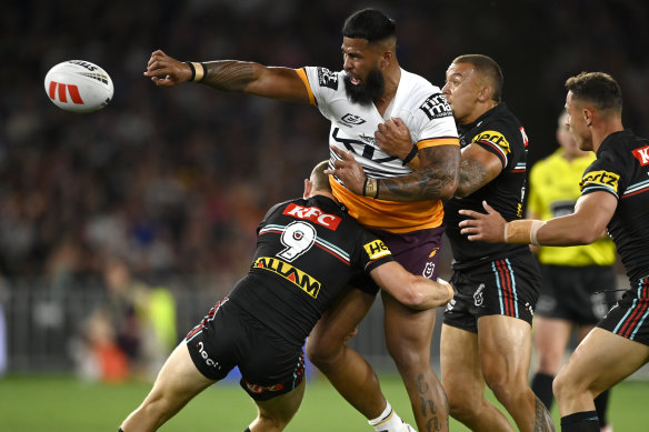 Payne Haas in action for the Broncos in last year’s grand final against Penrith.