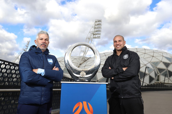 Melbourne City coach Patrick Kisnorbo, with Sydney FC coach Steve Corica, at an A-League grand final event at AAMI Park on Saturday.