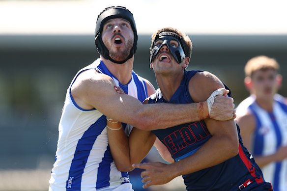 Xerri and Luker Kentfield compete in the ruck.