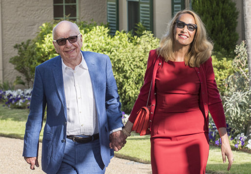 Rupert Murdoch and Jerry Hall leave Kirribilli House after attending a business reception hosted by then  prime minister Malcolm Turnbull in  2017.