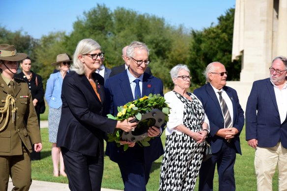 Governor-General Sam Mostyn and husband Simeon Beckett lay a wreath to honour Australia’s war dead at Villers-Bretonneux, northern France.