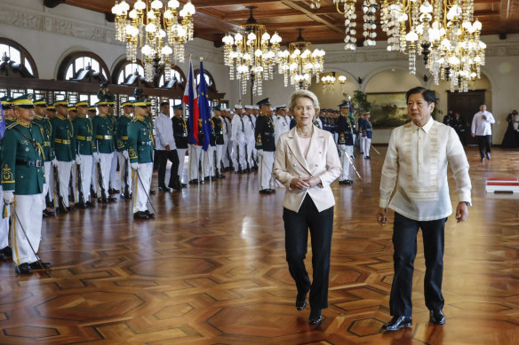 Philippine President Ferdinand Marcos jnr walks with European Commission President Ursula von der Leyen at the Malacanang presidential palace in Manila, Philippines.