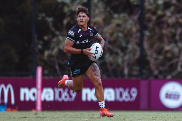 Broncos star Reece Walsh trains at the club’s Red Hill base.